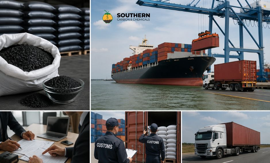 Premium activated carbon imported from India to the USA with bulk packaging, shipping containers, and international logistics operations