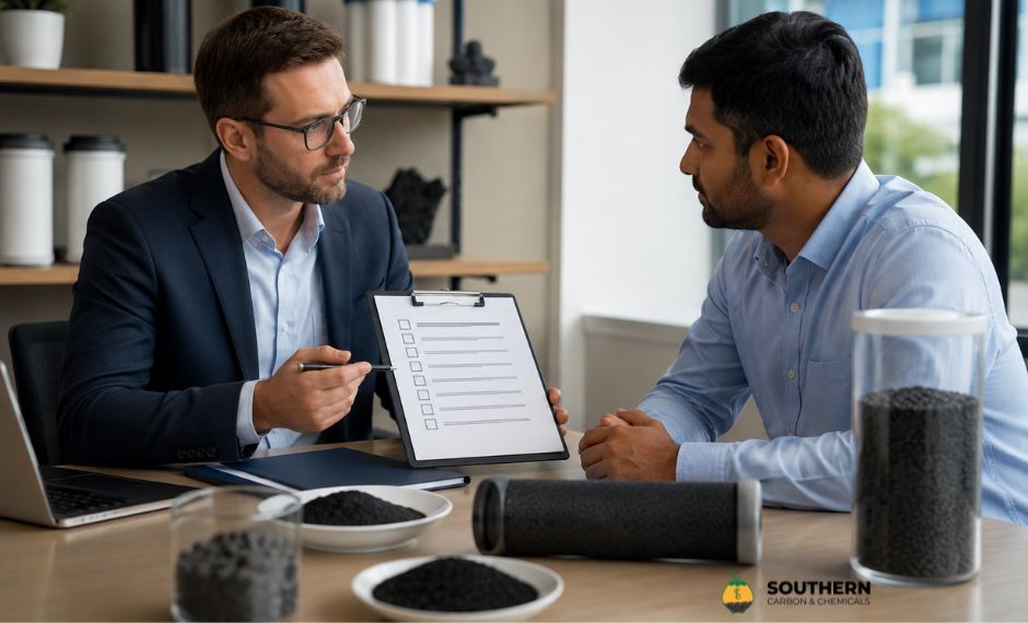 Activated carbon supplier consultation with product samples and quality checklist for selecting the right activated carbon solution before purchase.
